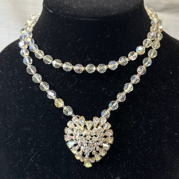 Vintage Rare Judy Lee AB Rhinestone Heart Pendant Pin Necklace - Picture 1 of 15